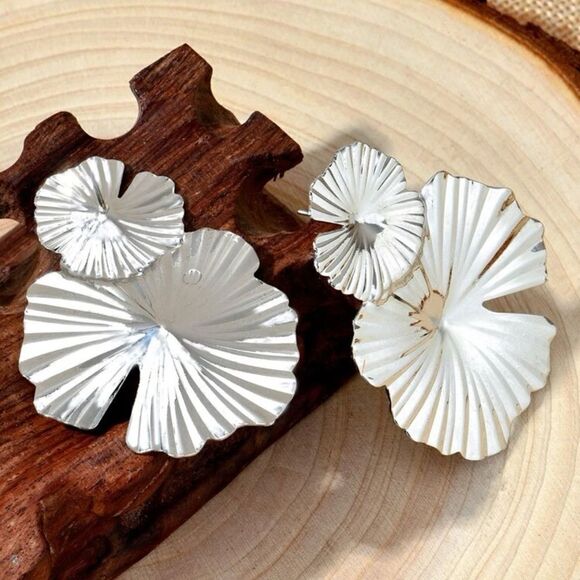 Silver Tone Textured Flower Drop Earrings - Picture 3 of 3